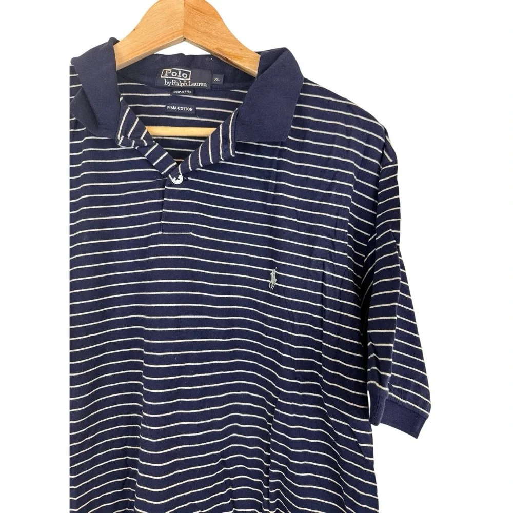 Polo Ralph Lauren Polo Shirt Men's XL Blue Stripe Preppy 90s Pima Cotton Vintage